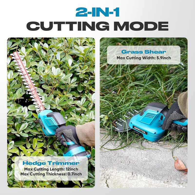 GARTOL Hedge Trimmer Cordless 2-in-1, 12'' Bush Trimmer & 20V Battery Powered Grass Shears with Battery & Charger, Lock, Fast Blade Change, Electric Hedge Shears Compatible with 18V Makita Batteries - Image 2